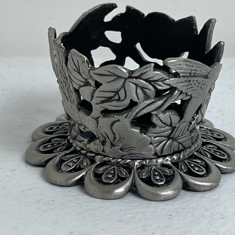 Vintage Silver Tone Pewter Metal Hummingbird And Floral Candle Holder - Picture 4 of 10